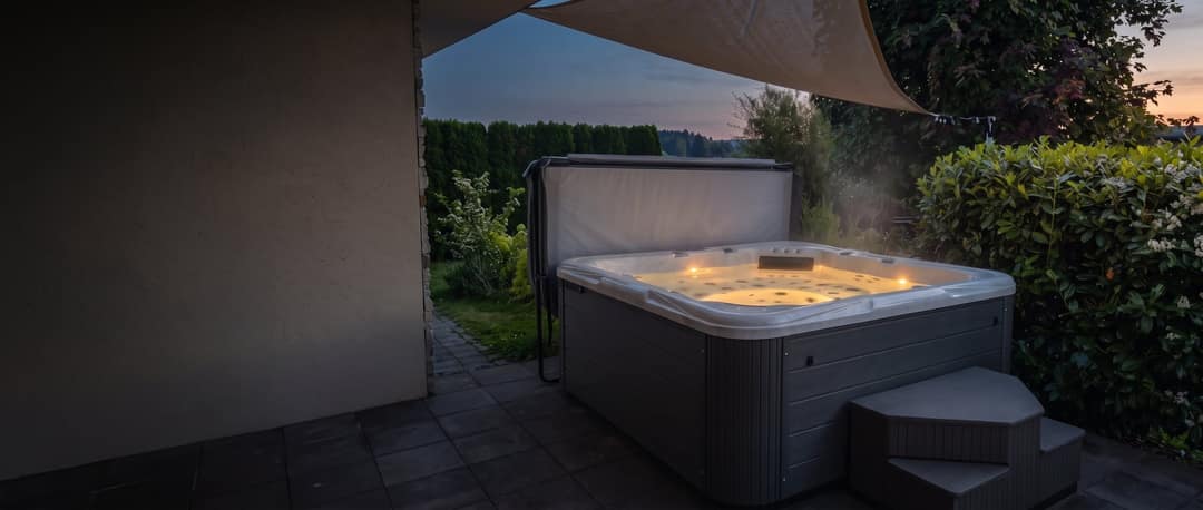 Freistehender Whirlpool auf einer Terrasse unter einem Sonnensegel, an einem Frühlingsabend