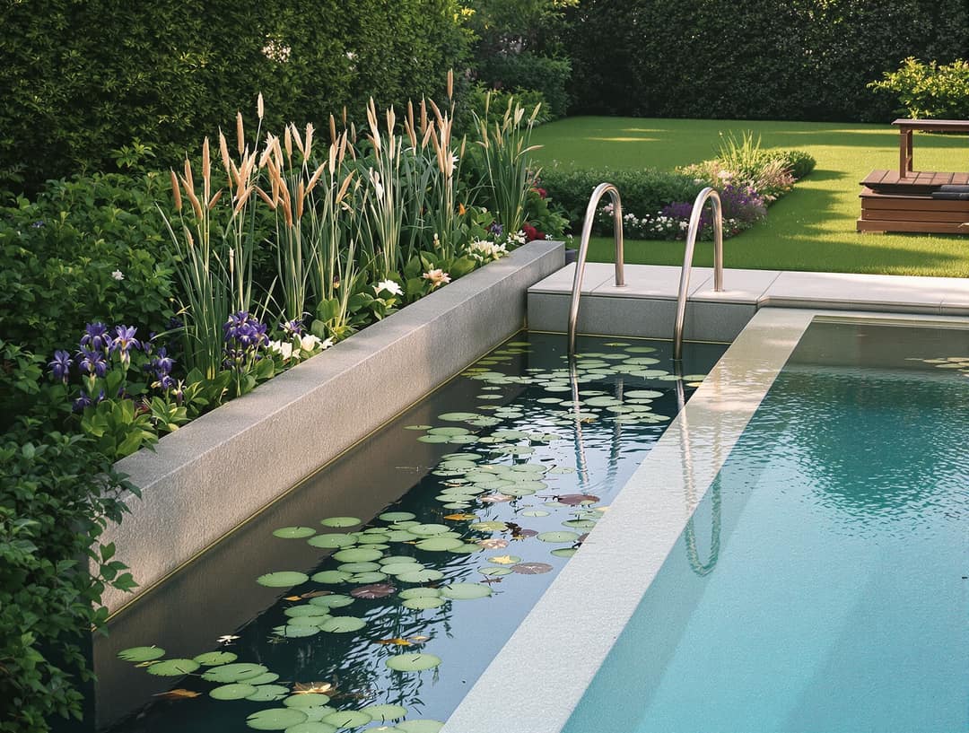 Gartenbecken mit klarem Wasser und Leiter, daneben hinter einer Mauer eine Wasserzone mit Seerosen, Schilf und Iris
