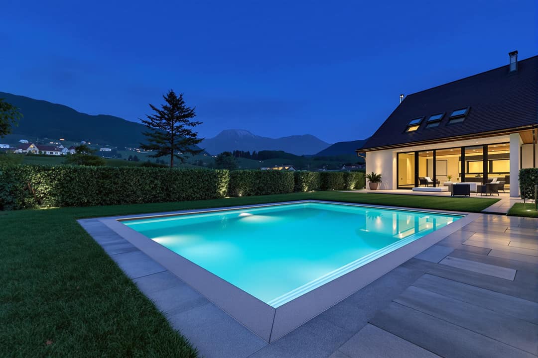Rechteckiger Pool mit beleuchtetem Wasser im Garten eines Einfamilienhauses am Abend