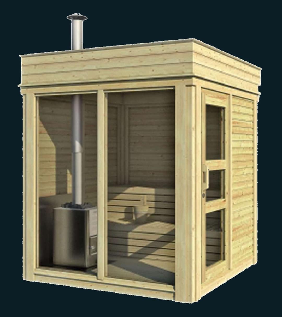 Darstellung einer würfelförmigen Sauna aus hellem Holz mit Glasfront und Kaminrohr