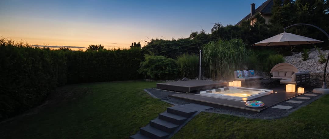 In ein Holzdeck im Garten eingelassener Whirlpool an einem Sommerabend