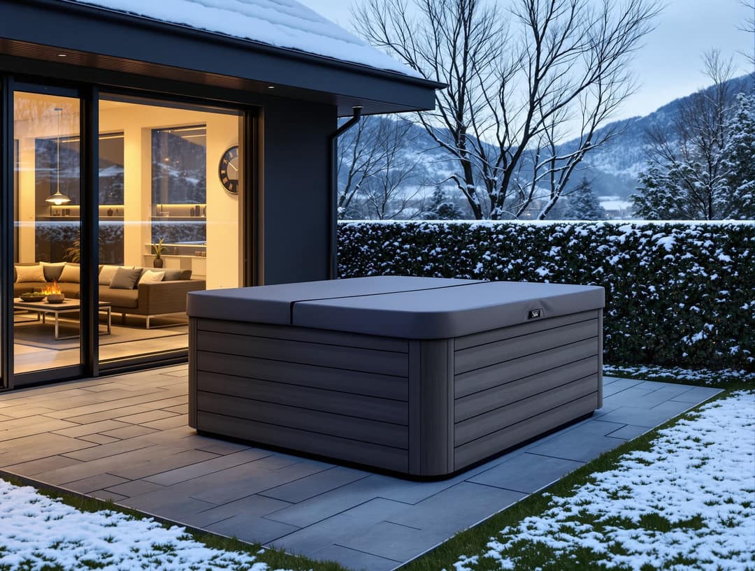 Freistehender Whirlpool mit Verkleidung in Holzoptik und geschlossener Abdeckung auf einer Terrasse im verschneiten Garten am Abend